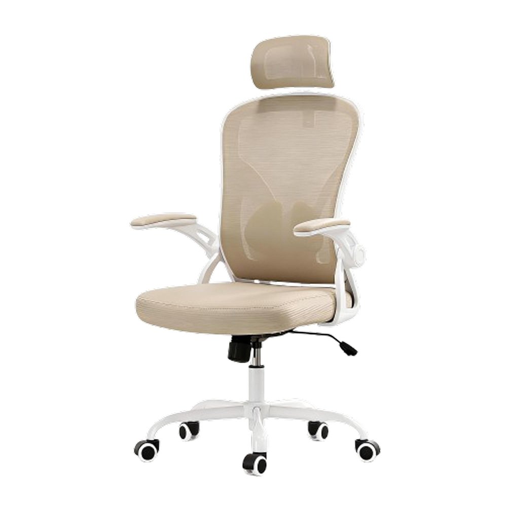 Beige and White Adjustable Height Swivel Rolling Executive Office Chair