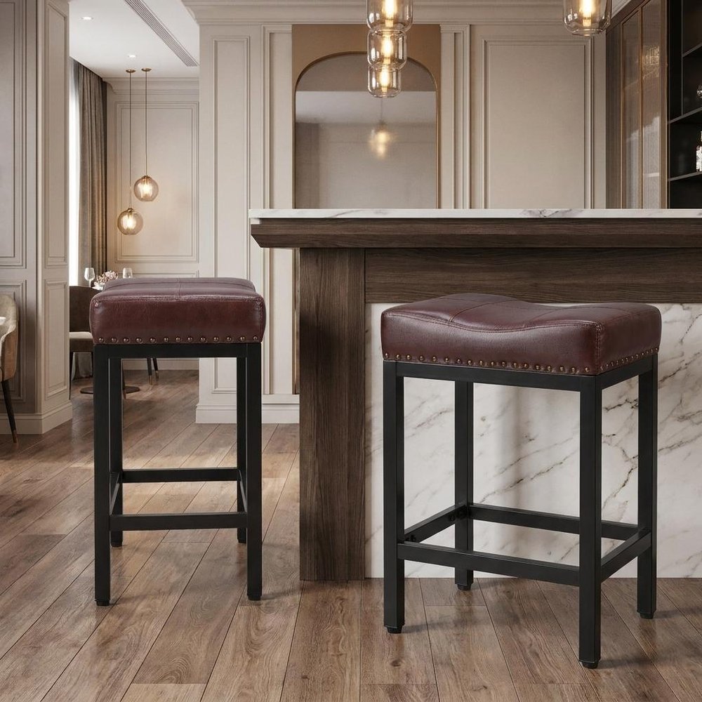 Set of Two 22" Brown And Black Faux Leather And Steel Backless Bar Chairs