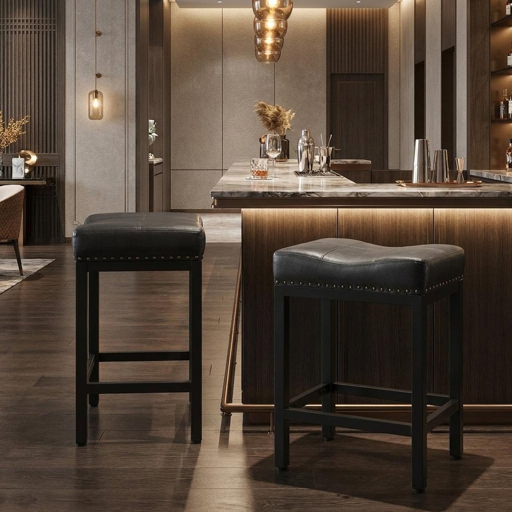 Set of Two 22" Black Faux Leather And Steel Backless Bar Chairs