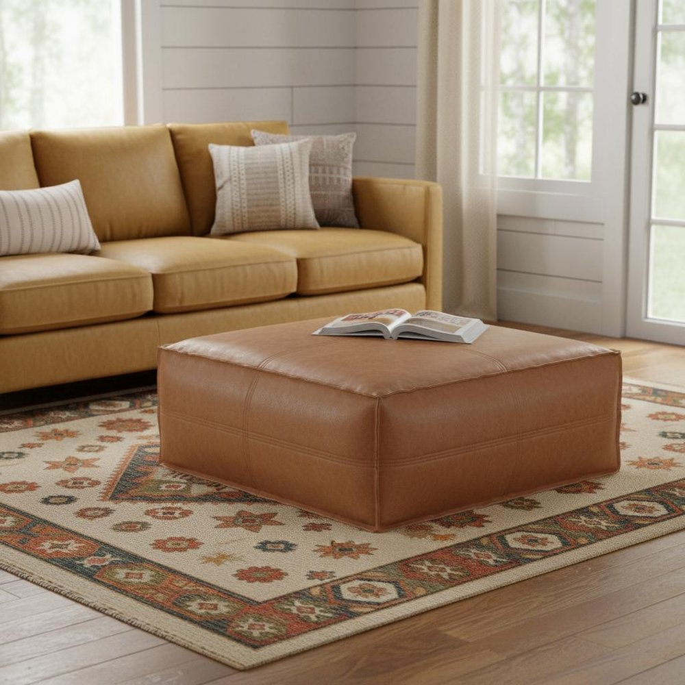 36" Brown Faux Leather Pouf Ottoman
