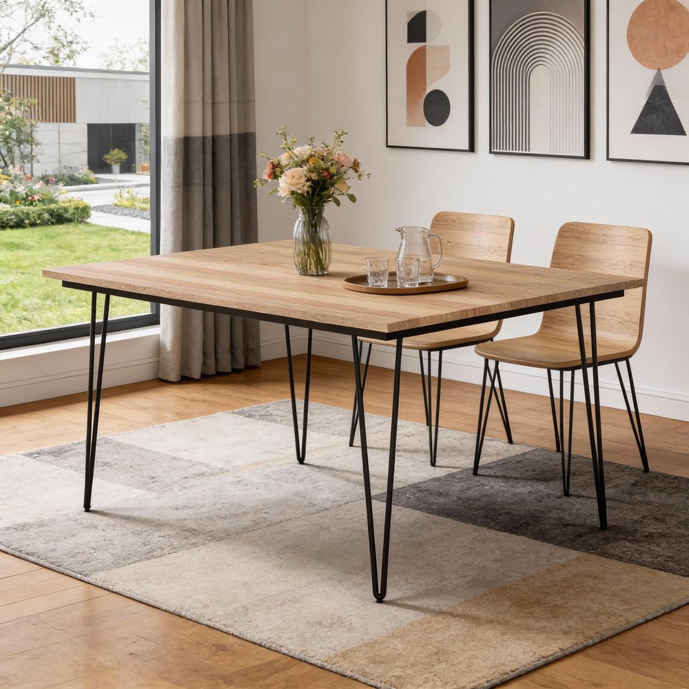 54" Natural and Black Solid Wood and Steel Square Dining Table