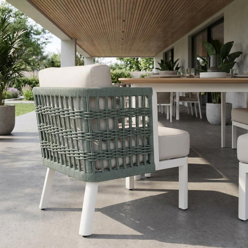 27" Green And White Aluminum Outdoor Accent Chair with White Cushion