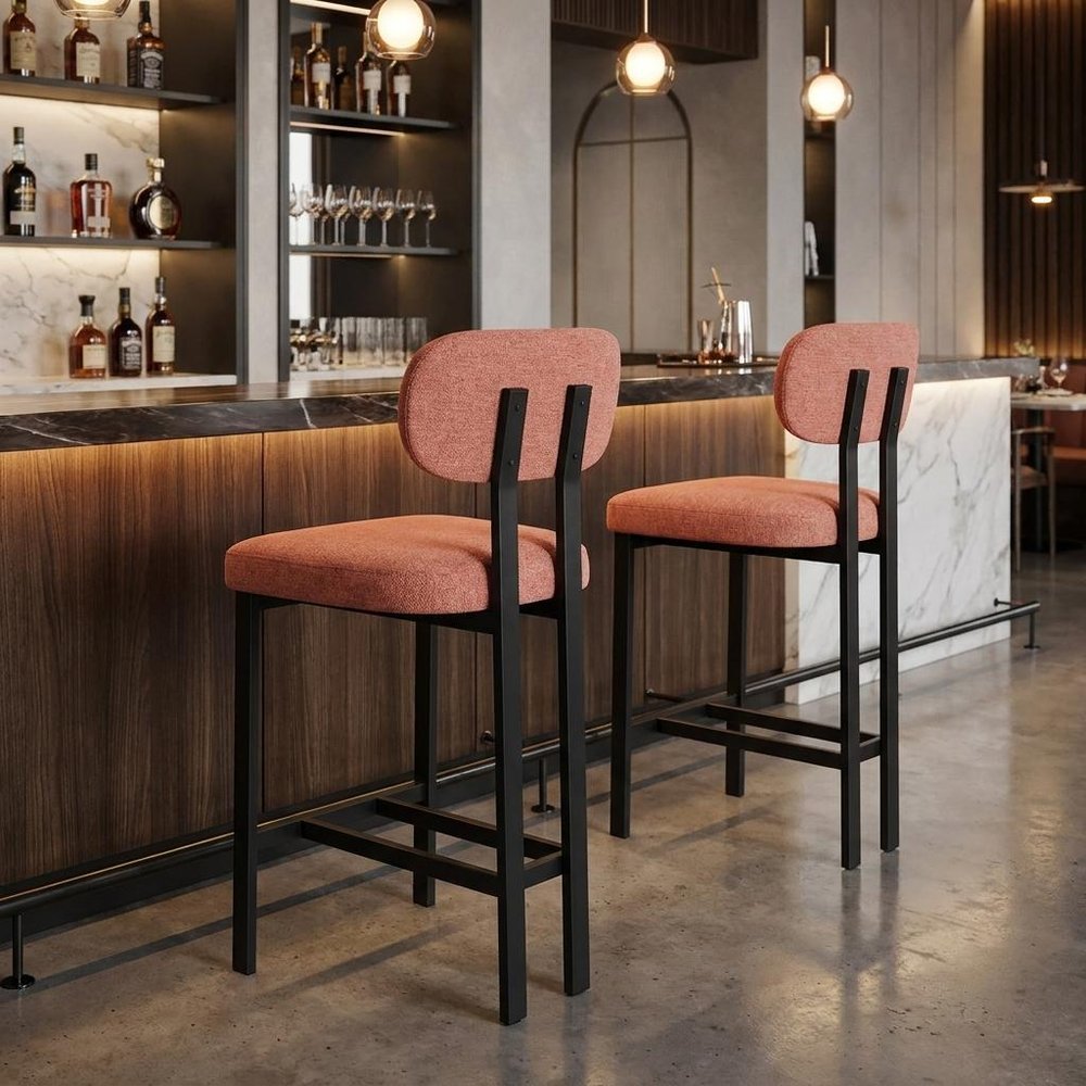 Set of Two 26" Orange And Black Fabric And Steel Low Back Counter Height Bar Chairs