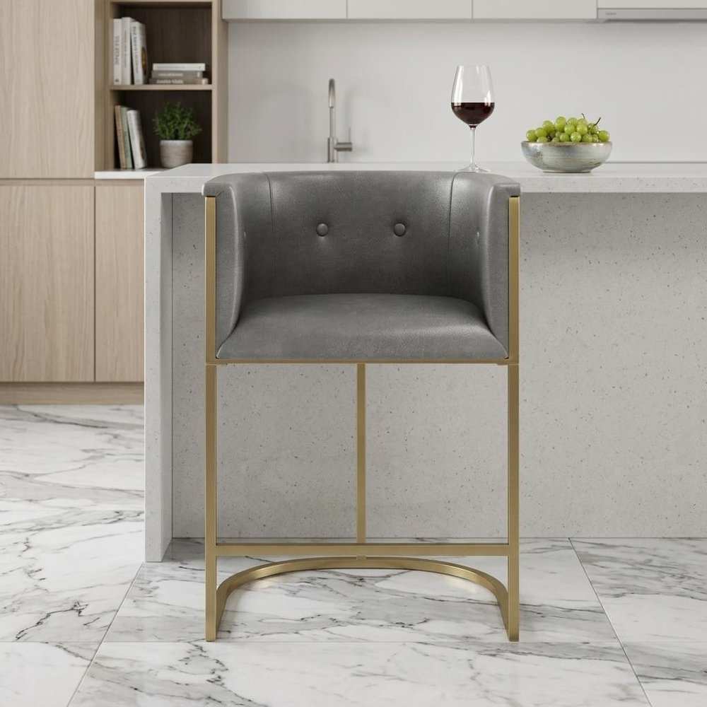 26" Gray And Brass Faux Leather And Steel Low Back Counter Height Bar Chair