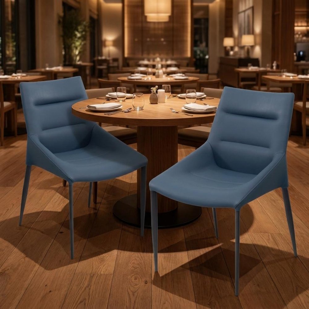 Set of Two Navy Blue and Black Faux Leather and Metal Dining Side Chairs