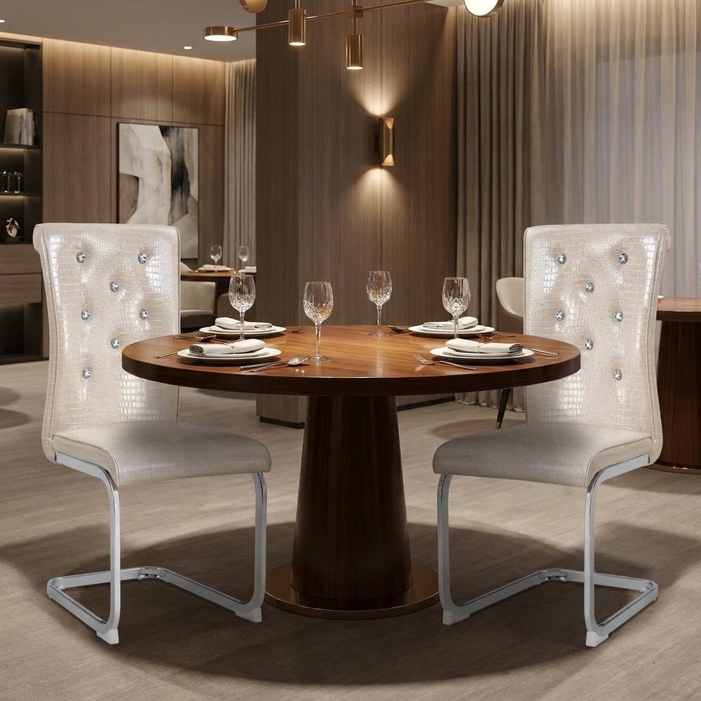 Set of Two Beige And Silver Faux Leather And Metal Dining Side Chairs