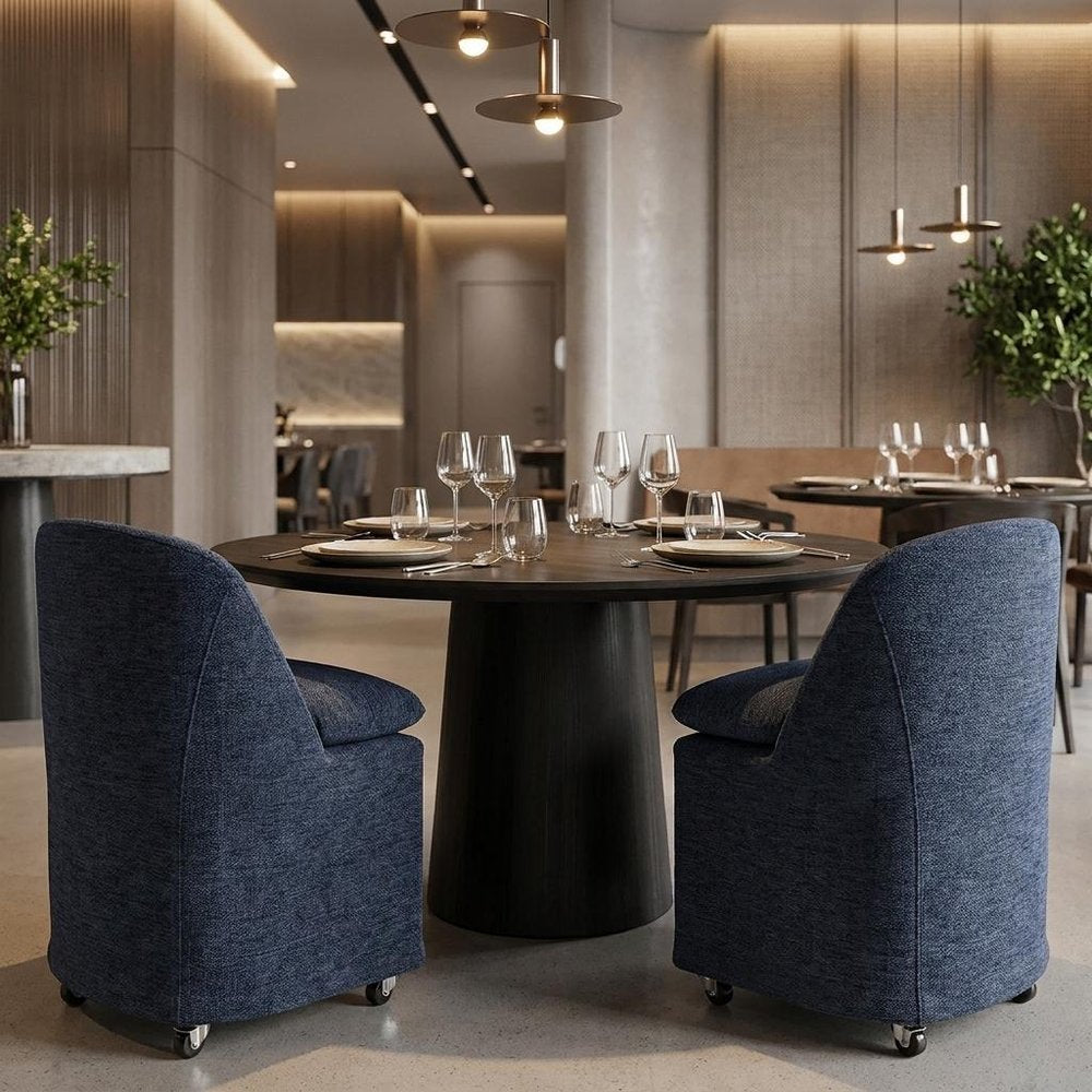 Set of Two Blue Chenille Wing Back Dining Chairs With Wheels