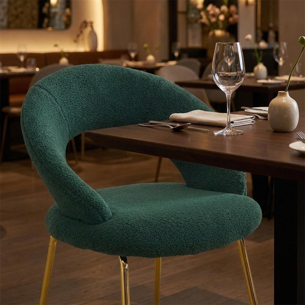 Green and Gold Boucle and Metal Curved Back Dining Side Chair