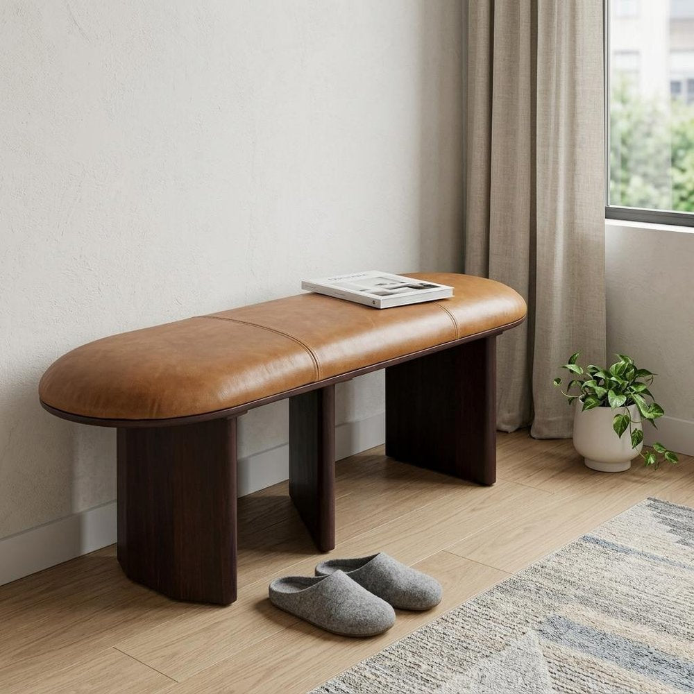 48" Light Brown And Dark Brown Genuine Leather And Solid Wood Upholstered Oval Dining Bench