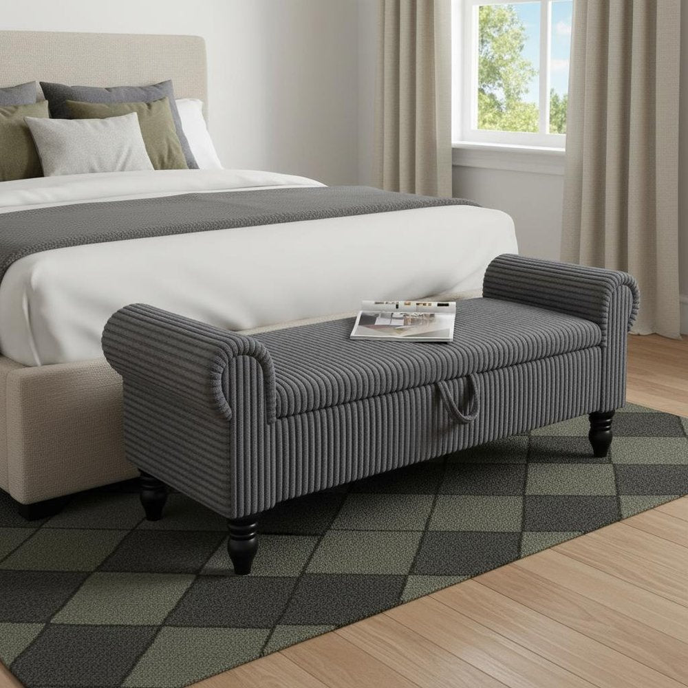 55" White and Brown Corduroy and Solid Wood Upholstered Storage Bench With Flip Top