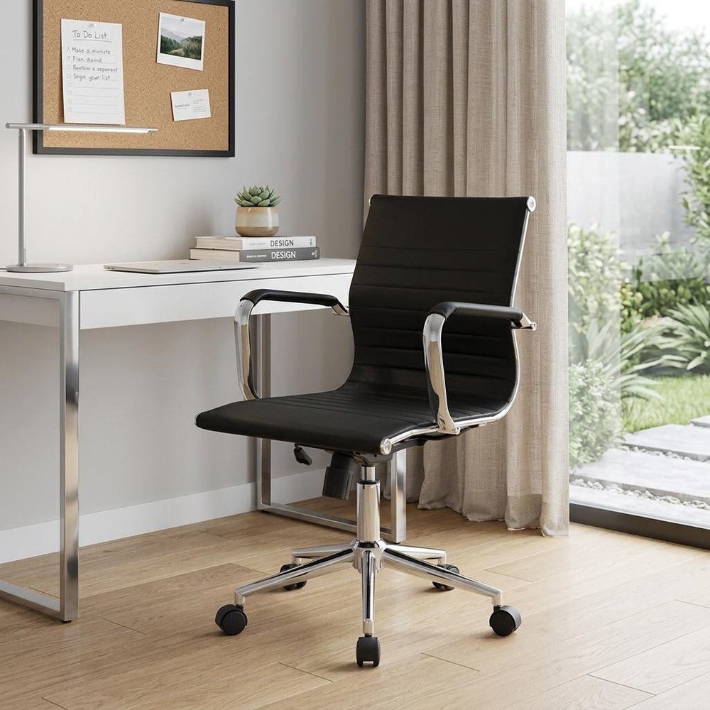 Black And Silver Faux Leather Swivel Rolling Executive Office Chair