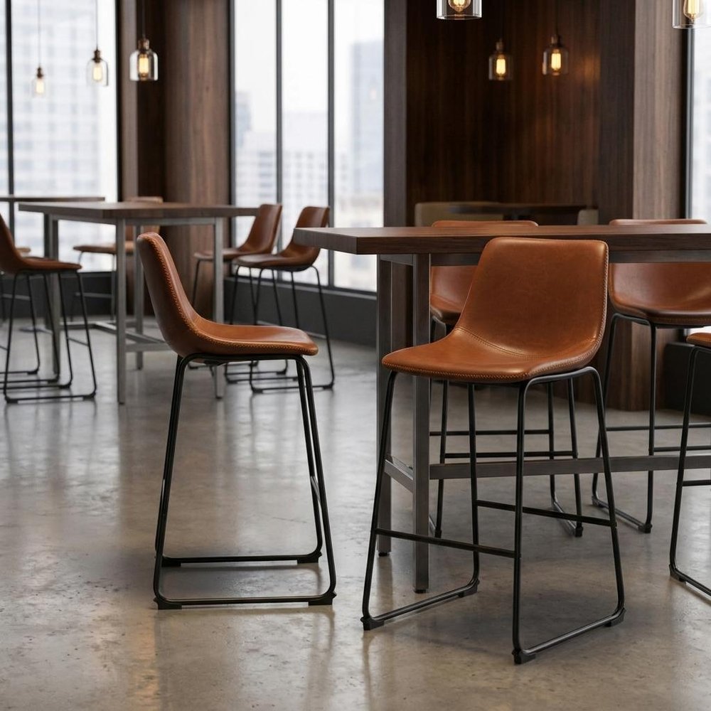Set of Two 26" Brown And Black Faux Leather And Aluminum Counter Height Bar Chairs