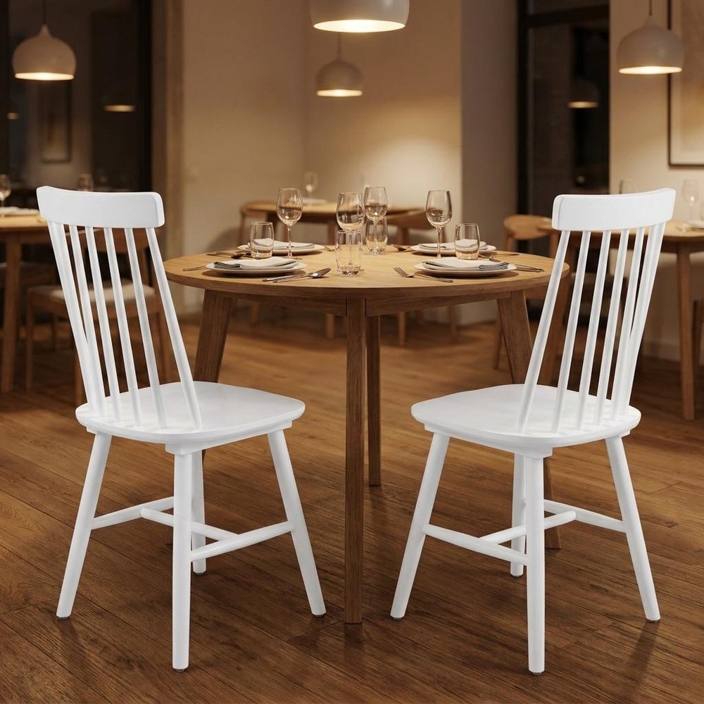 Set of Two White Solid Wood Windsor Back Dining Side Chairs