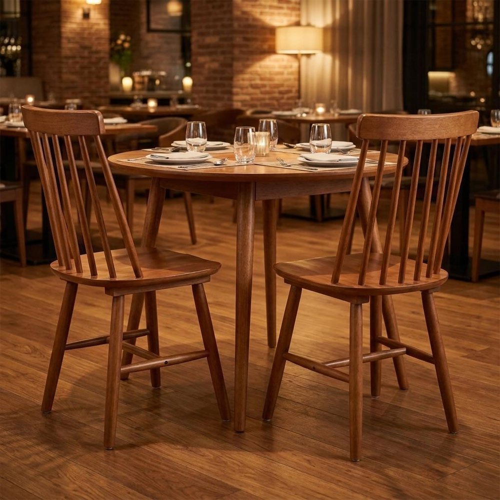 Set of Two Walnut Solid Wood Windsor Back Dining Side Chairs