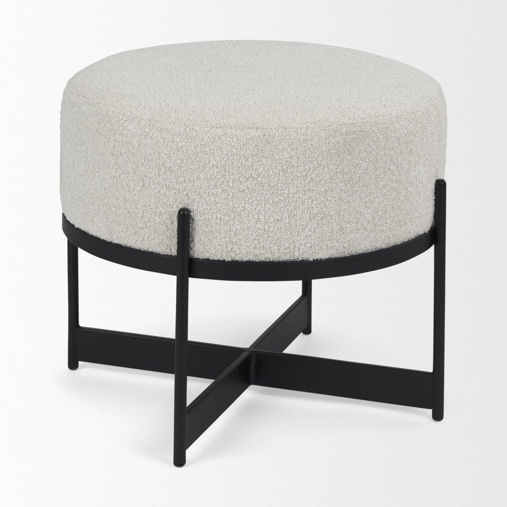36" Cream and Black Fabric Round Pouf Ottoman