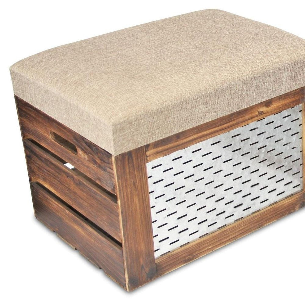 Set of Two 21" Beige And Brown Linen And Solid Wood Upholstered Distressed Storage Entryway Stool With Flip Top