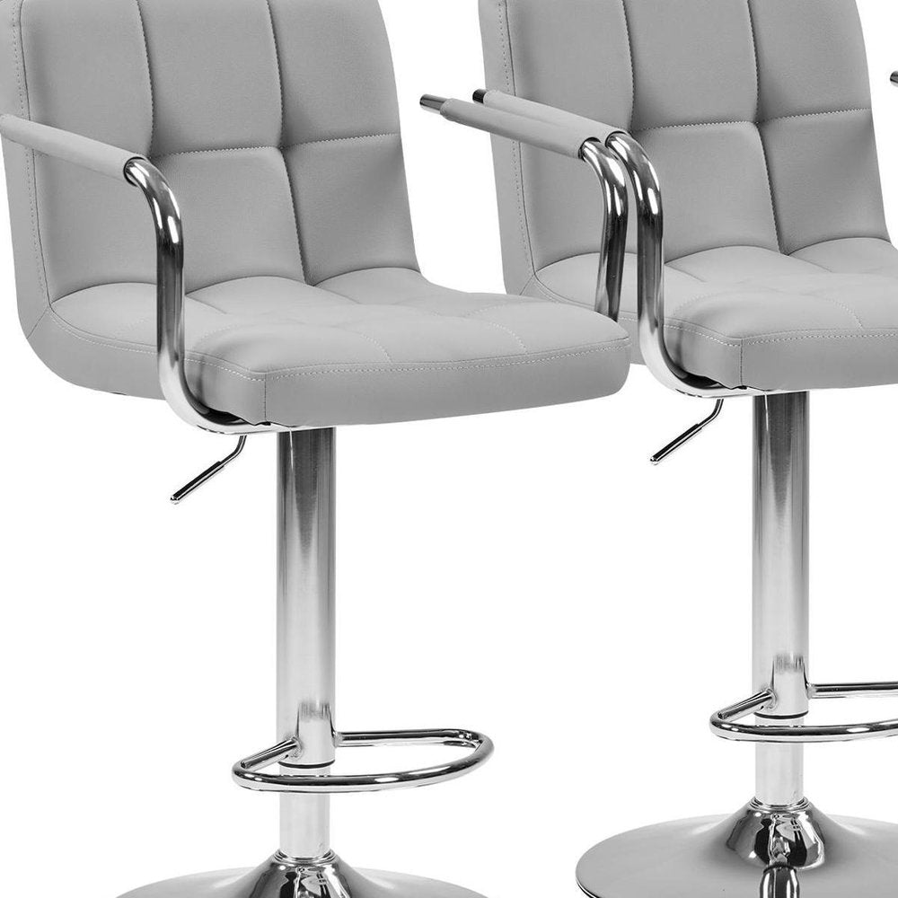 Set of Two White And Silver Faux Leather And Steel Adjustable Height Swivel Bar Chairs