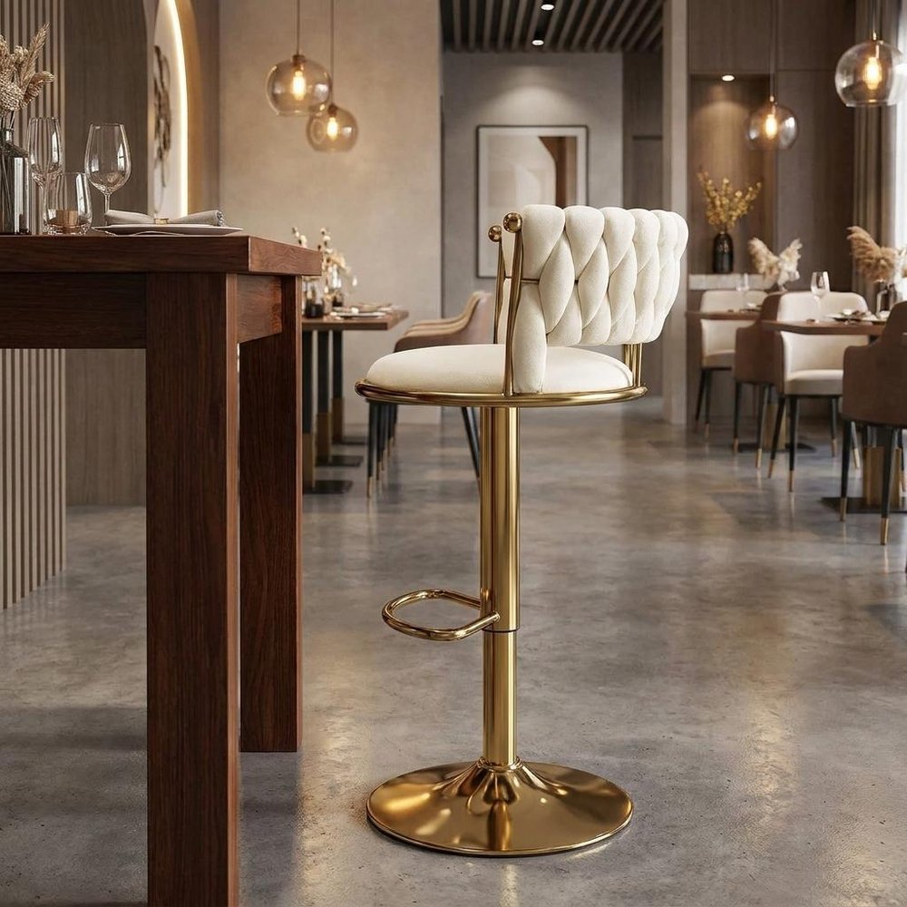 Beige And Gold Velvet And Metal Low Back Adjustable Height Swivel Bar Chair