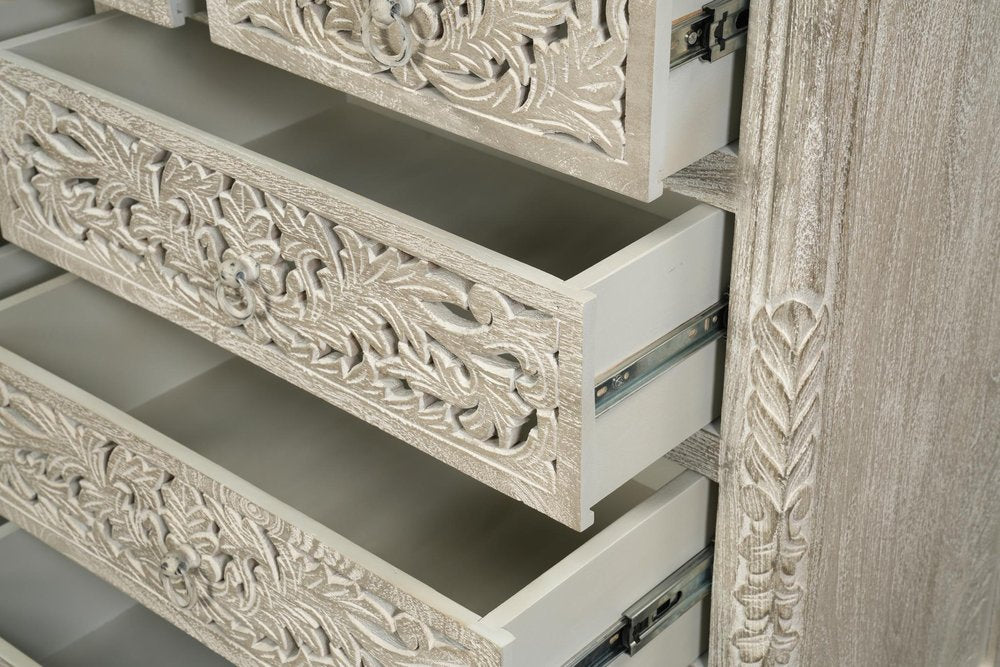 57" Gray Carved Floral Solid Wood Nine Drawer Dresser