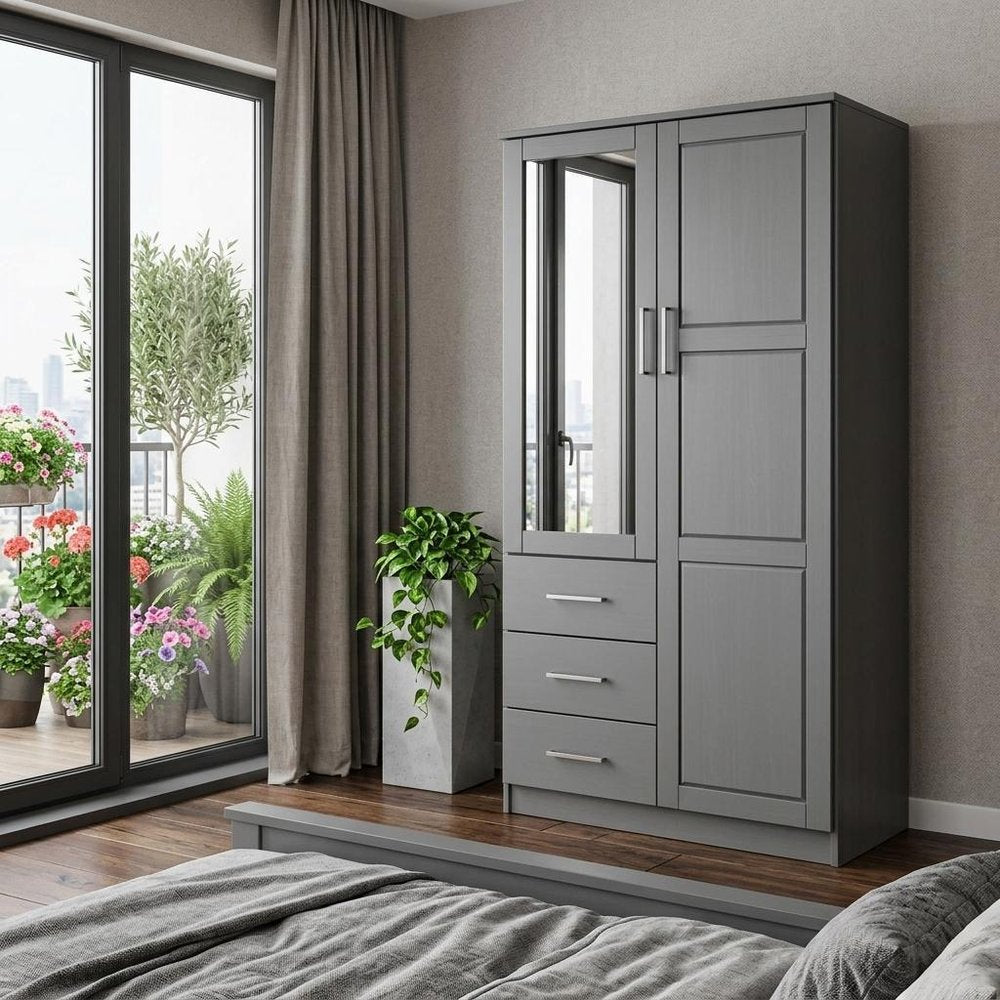 72" Gray Solid Wood Mirrored Two Door Three Drawer Combo Dresser