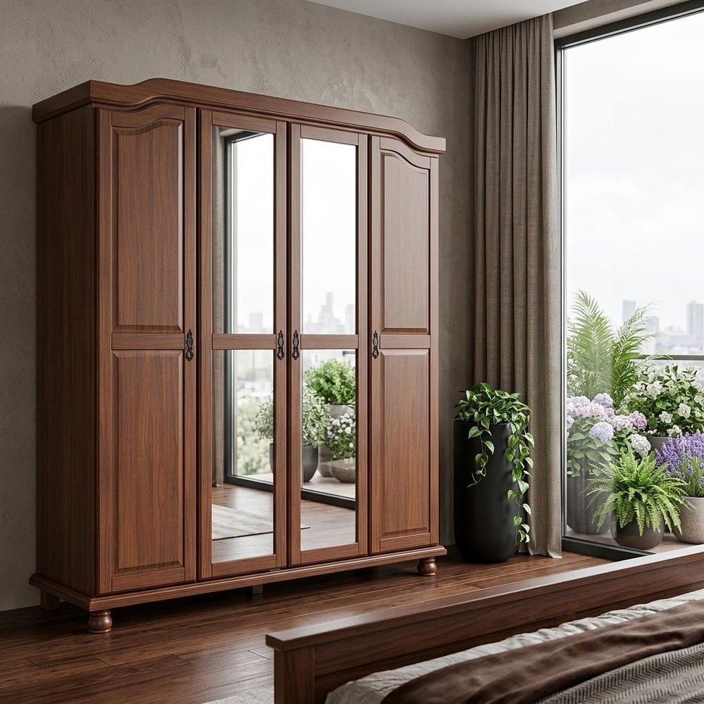 74" Coffee Solid Wood Mirrored Four Door Combo Dresser