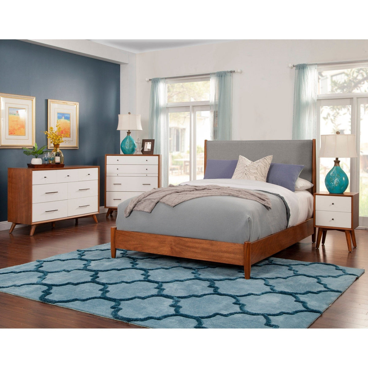 Flynn Mid Century Modern 4 Drawer Two Tone Multifunction Chest w/Pull Out Tray, Chestnut/White