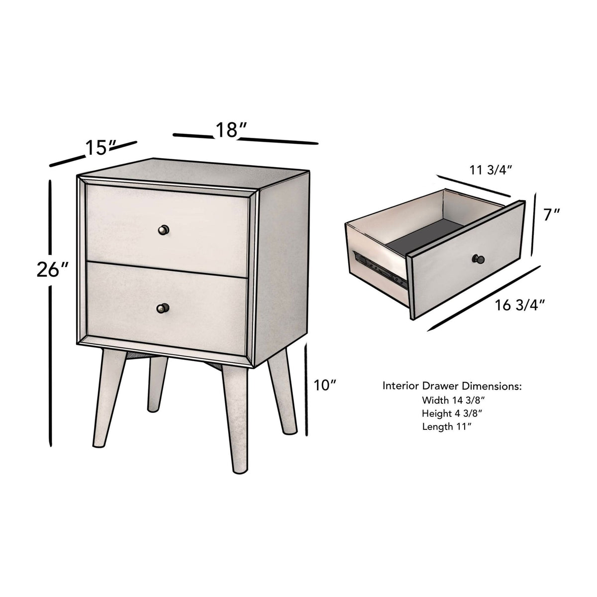 Flynn Mid Century Modern 2 Drawer Nightstand, White
