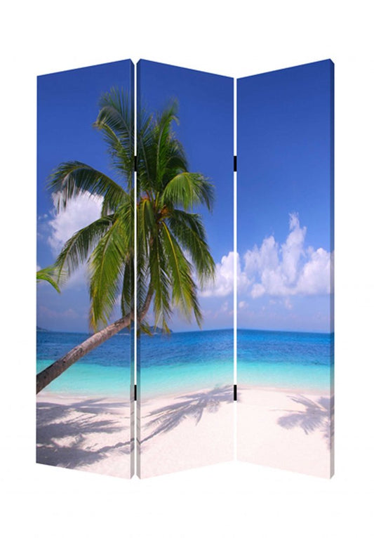 72" Blue And Green Canvas Folding Three Panel Screen Room Divider