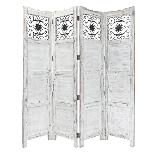 84" White Wood Folding Four Panel Screen Room Divider