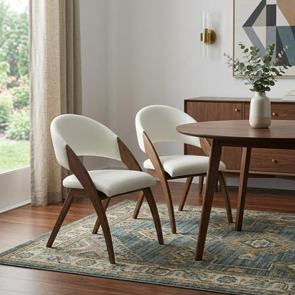 Set of Two Cream and Brown Upholstered Faux Leather Open Back Dining Arm Chairs