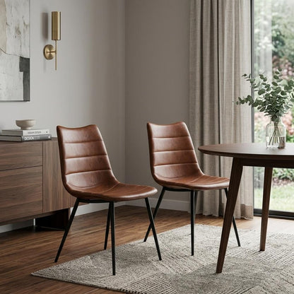 Set of Two Brown and Black Upholstered Faux Leather Dining Side Chairs