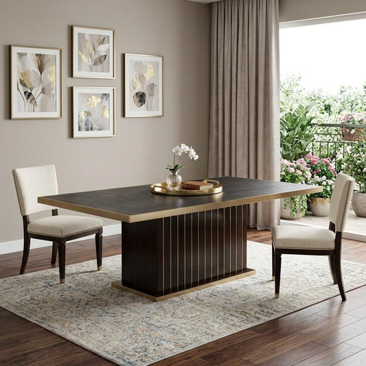 95" Black and Gold Wood Pedestal Base Dining Table