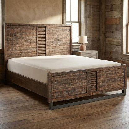 Brown And Black Shiplap Textured Solid Wood Queen Bed Frame