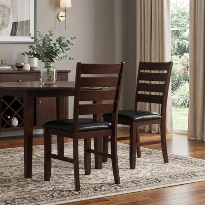 Set of Two Black And Brown Faux Leather Wood Slat Back Dining Side Chairs