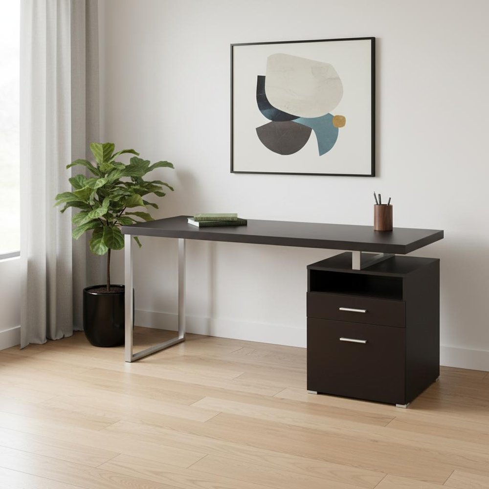 60" Taupe and Silver Computer Desk With Two Drawers