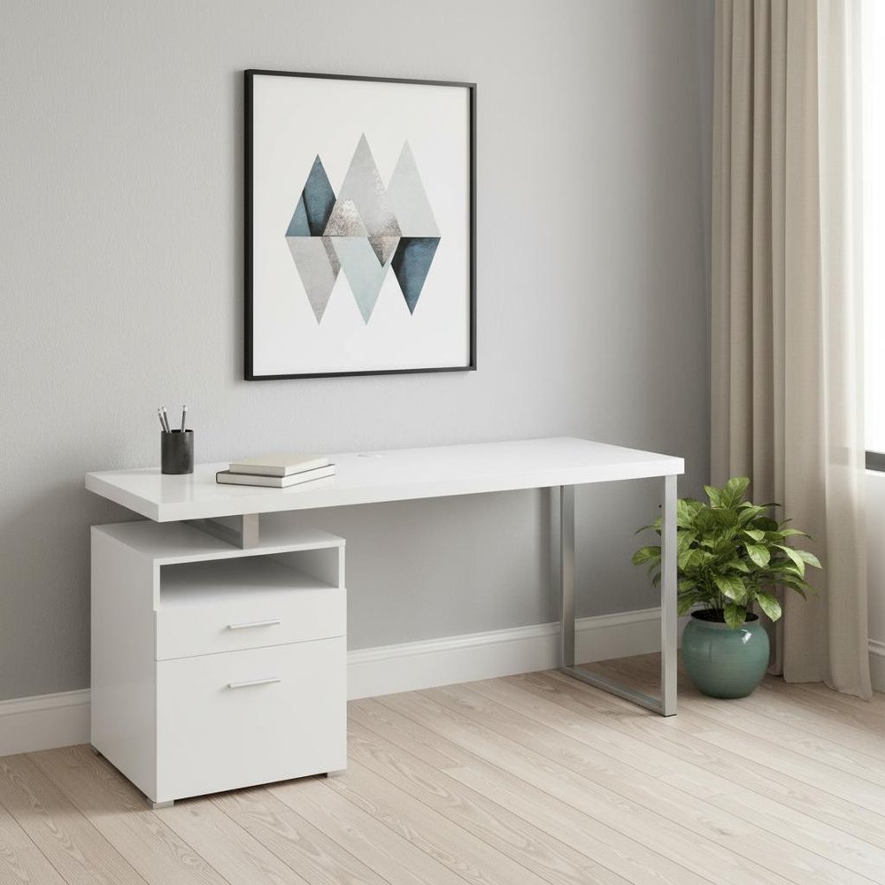 60" Taupe and Silver Computer Desk With Two Drawers