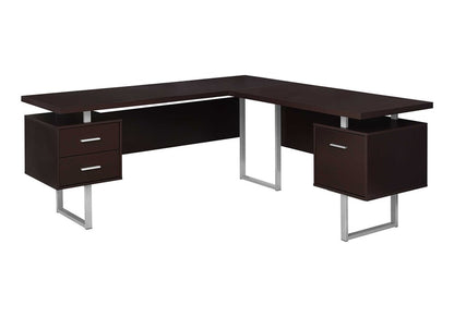 71" Taupe and Silver L Shape Computer Desk With Three Drawers