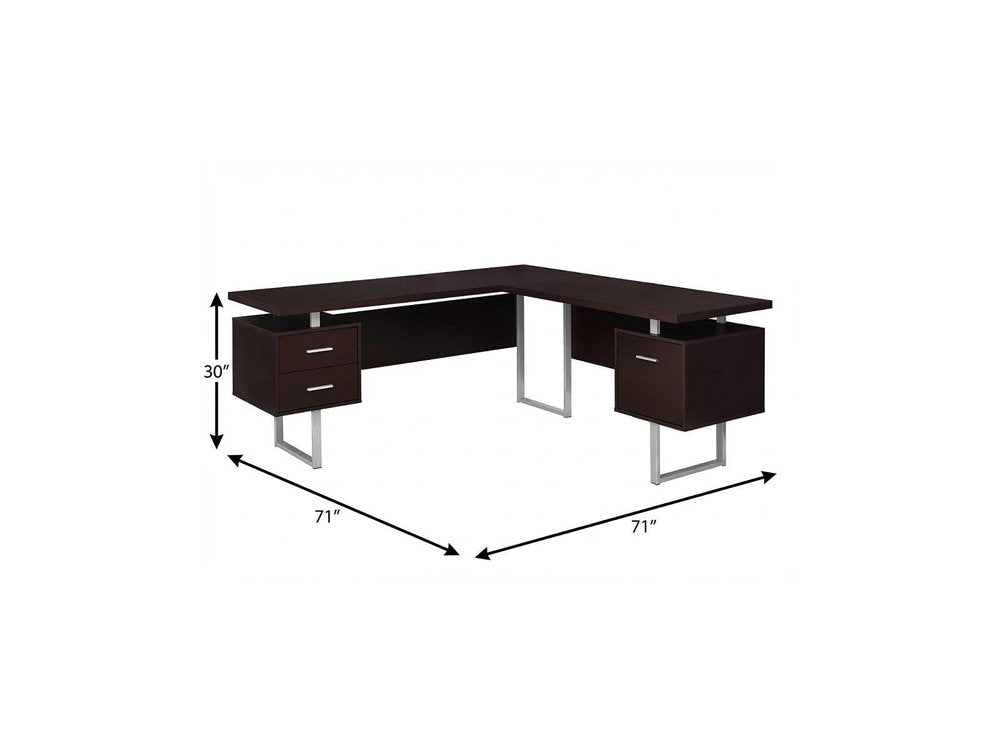 71" Taupe and Silver L Shape Computer Desk With Three Drawers