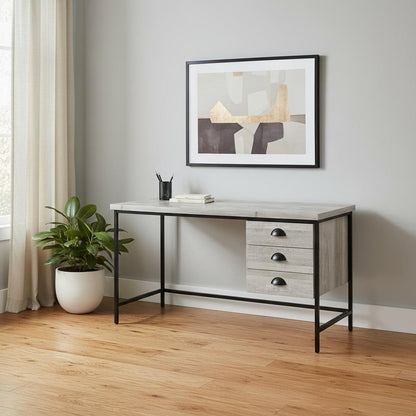 55" Gray and Black Computer Desk With Three Drawers