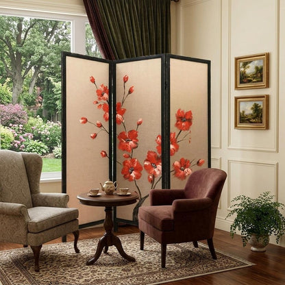 63" Brown Fabric Folding Three Panel Screen Room Divider