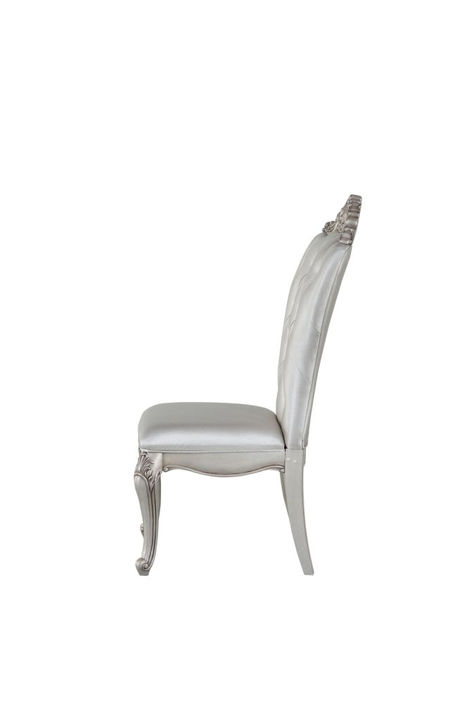 Set of Two Cream and Antiqued White Upholstered Fabric Queen Anne Back Dining Side Chairs