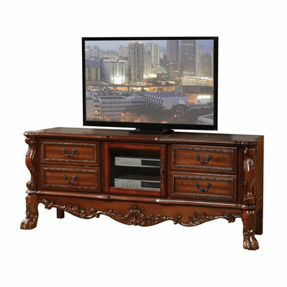 74" Off White Carved Scrollwork Glass And Solid and Manufactured Wood Enclosed and Open Storage Entertainment Center