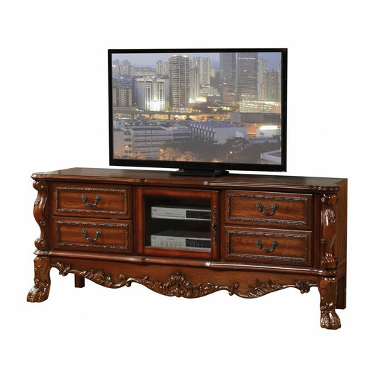 74" Off White Carved Scrollwork Glass And Solid and Manufactured Wood Enclosed and Open Storage Entertainment Center
