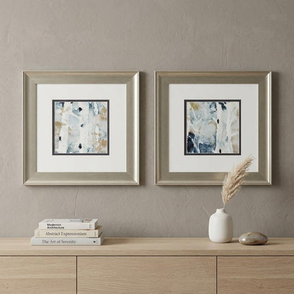 Set of Two Blue Watercolor Brushed Silver Framed Wall Art