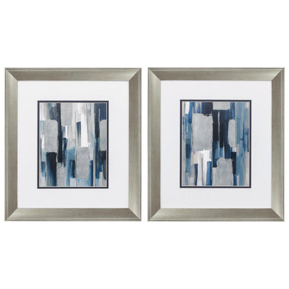 Set of Two Modern Blue Abstract Silver Framed Art