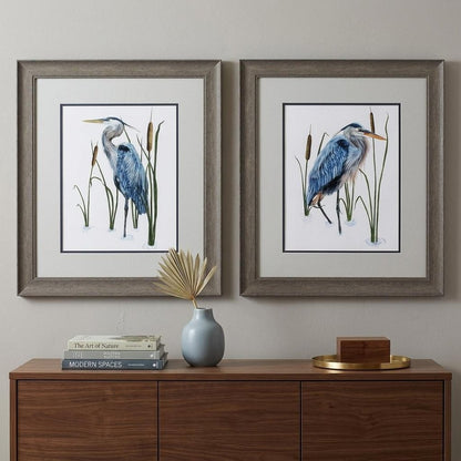 Set of Two 22" X 19" Blue Heron Distressed Brown Framed Wall Decor