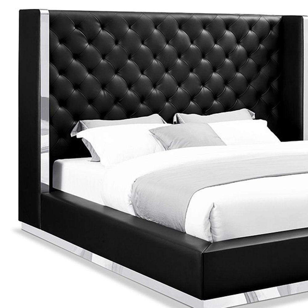 Black Tufted Faux Leather King Bed Frame