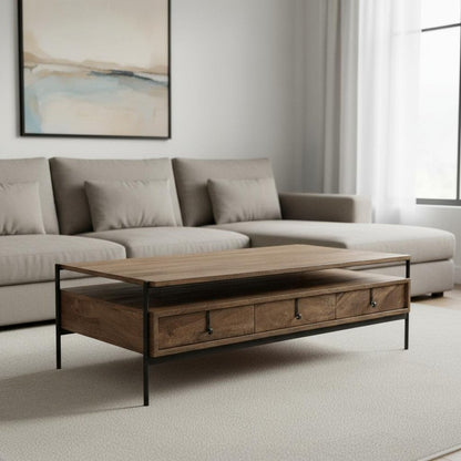56" Brown and Black Solid Wood and Metal Coffee Table With Three Drawers