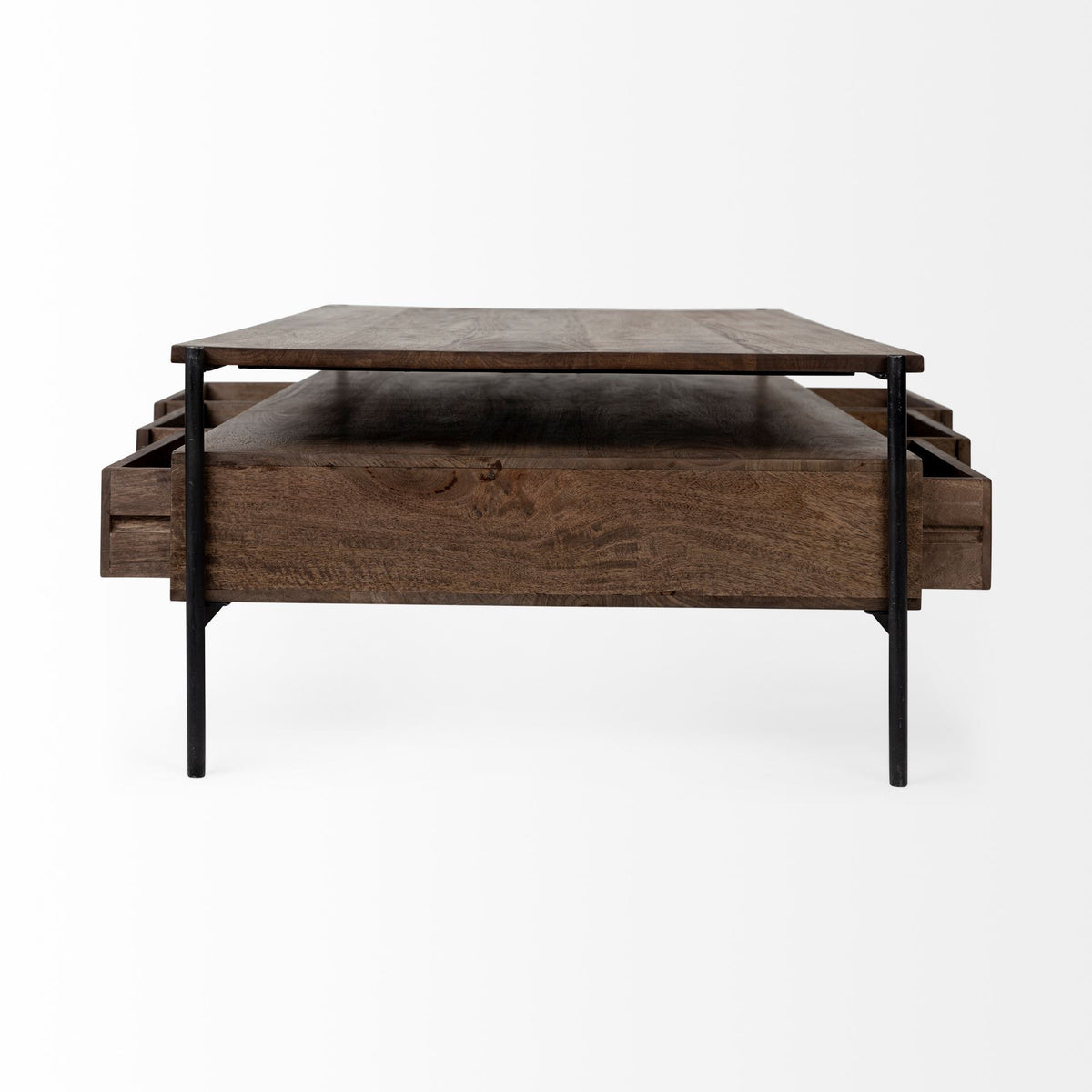 56" Brown and Black Solid Wood and Metal Coffee Table With Three Drawers