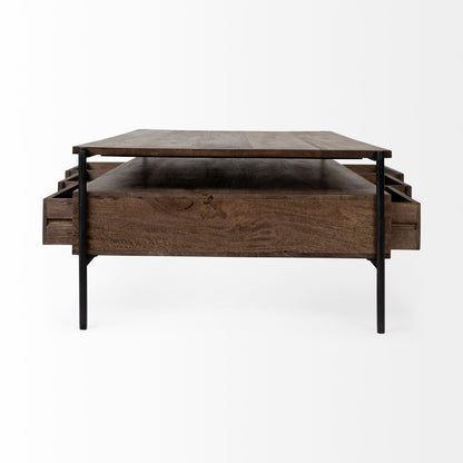 56" Brown and Black Solid Wood and Metal Coffee Table With Three Drawers
